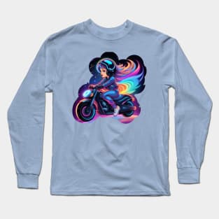 Chibi Biker style woman riding a motorcycle Long Sleeve T-Shirt